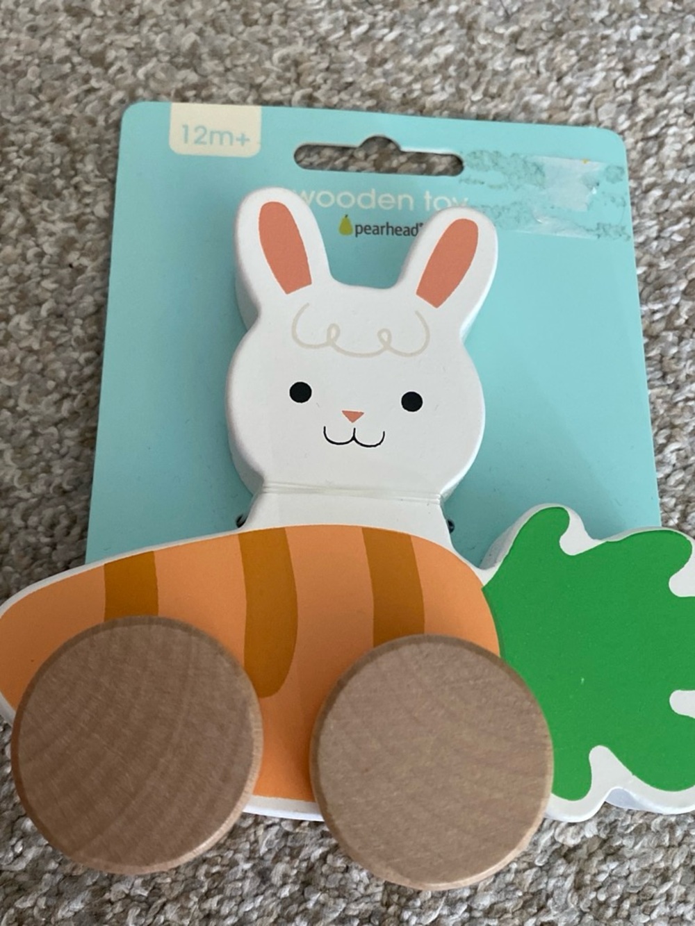 Pearhead White Bunny Pull Toy with Orange Carrot and Green Leaf